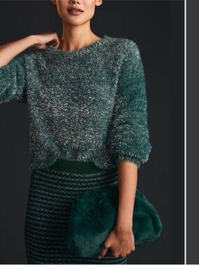 Maeve anthropolgie Fuzzy Teal Crewneck Sweater - Women's eyelash metallic knit